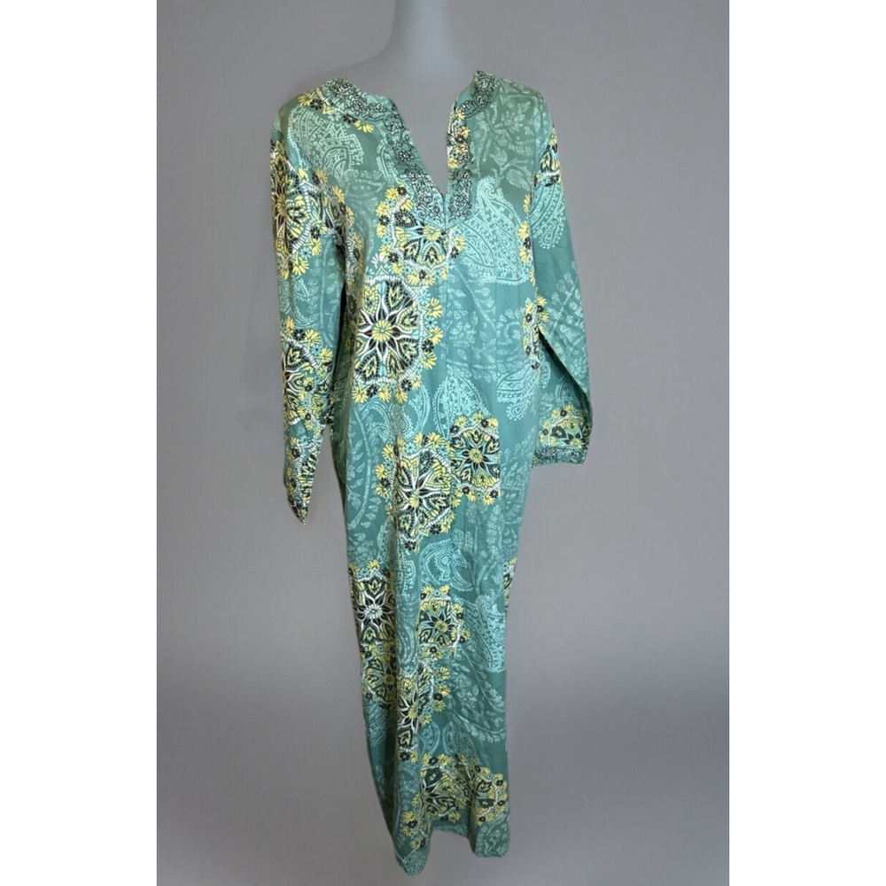 Retro Green Kaftan Dress Boho Hippy Mandala Paisley Embroidered Housedresses